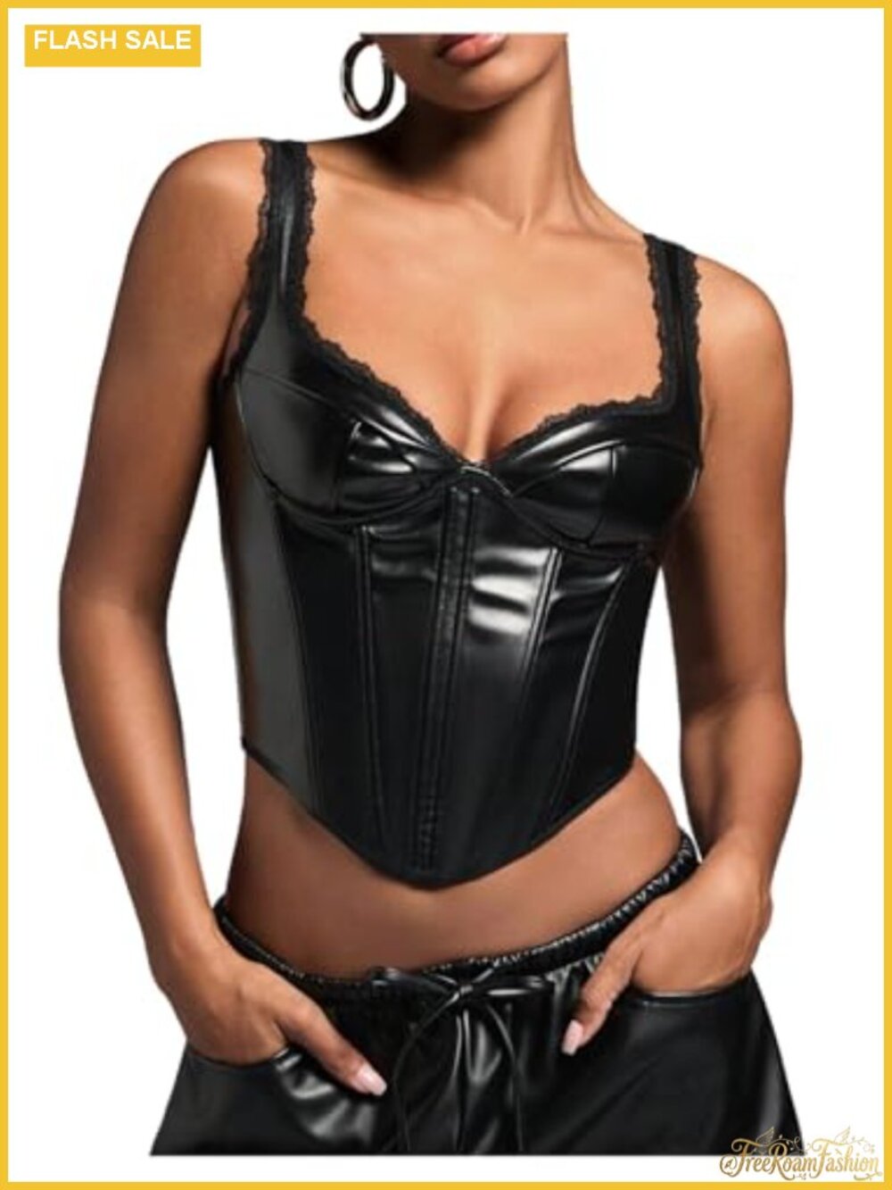 WDIRARA PU Leather Corset Bustier Top Sleeveless Lace Trim Clubwear